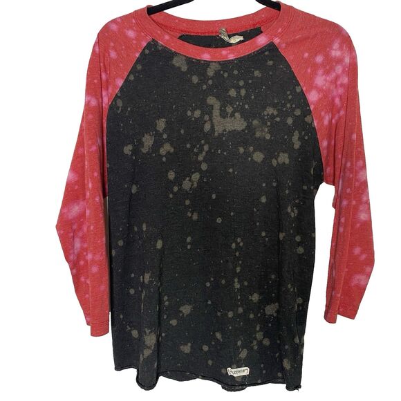 GRUBBWEAR Raglan Shirt Bleach Splatter Tee Thrashed Grunge Womens M Black Red - Picture 1 of 7